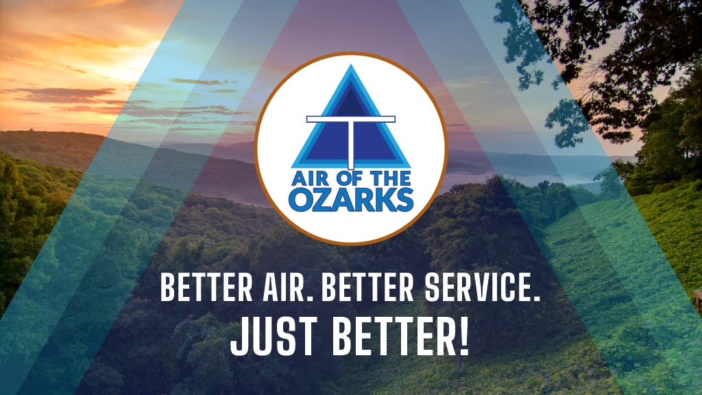 Air of the Ozarks logo with hillside view of beautiful land in Gravette, AR.
