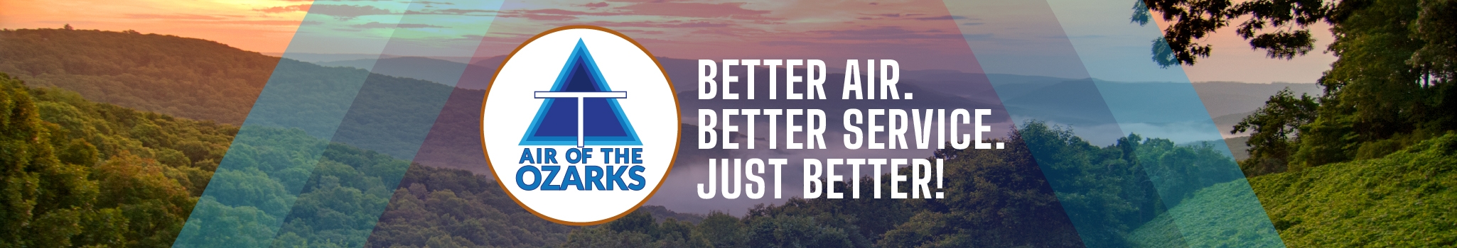 Air of the Ozarks logo with hillside view of beautiful land in Gravette, AR.