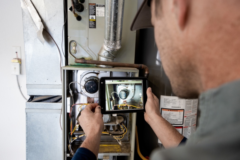 What Are the Different Types of Furnaces? Young Male Property Inspector Photographing a Furnace Hot Water Heater and Air Conditioning Unit Inside a Residential Home Garage.